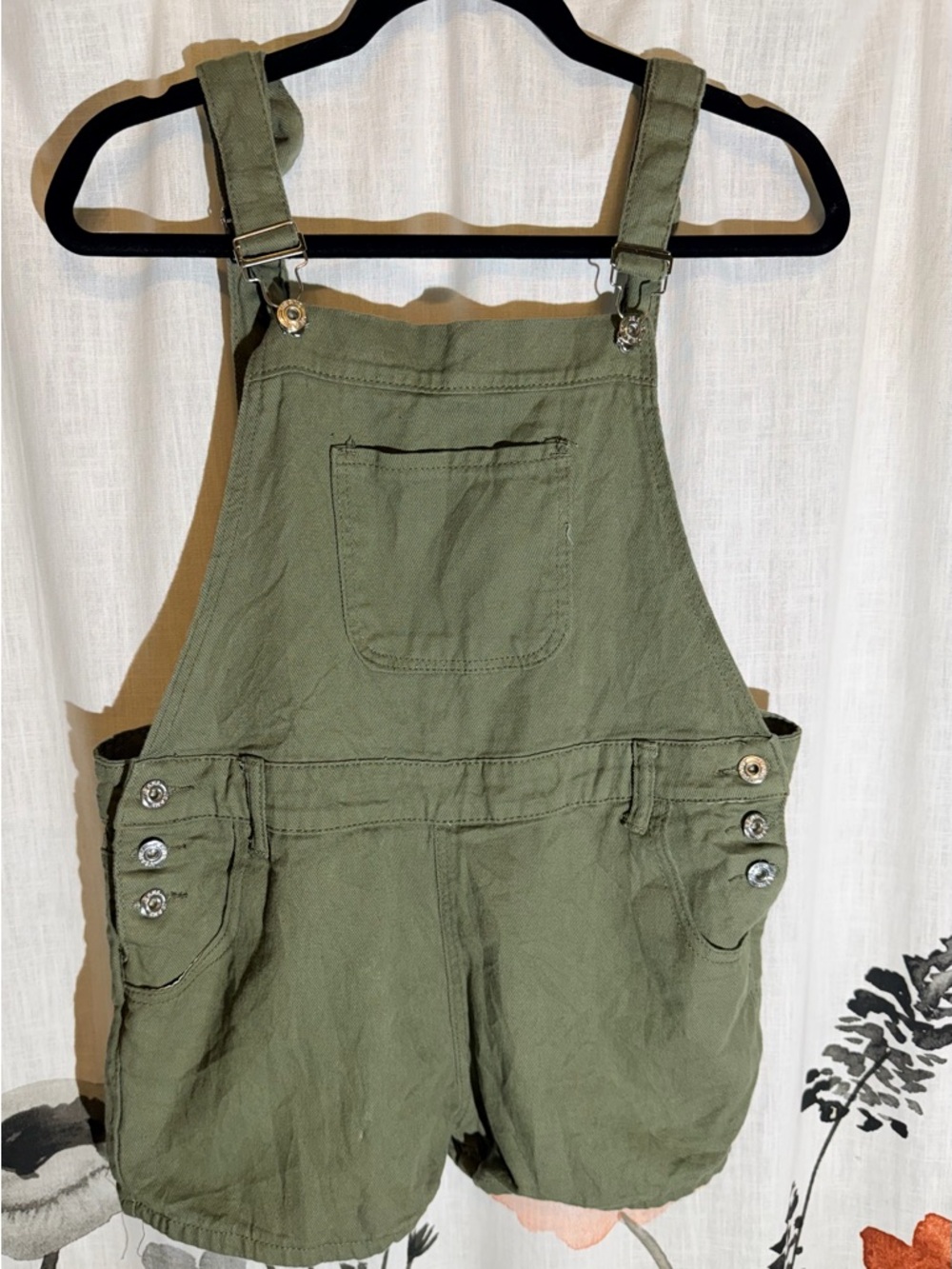 Olive Green Short Overall Romper - Casual Women's Jumpsuit - Picture 2 of 7
